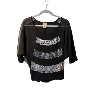 Eyelash Couture Top Black Silver Sequin Mesh Batwing Sleeve Y2K Party Women XS